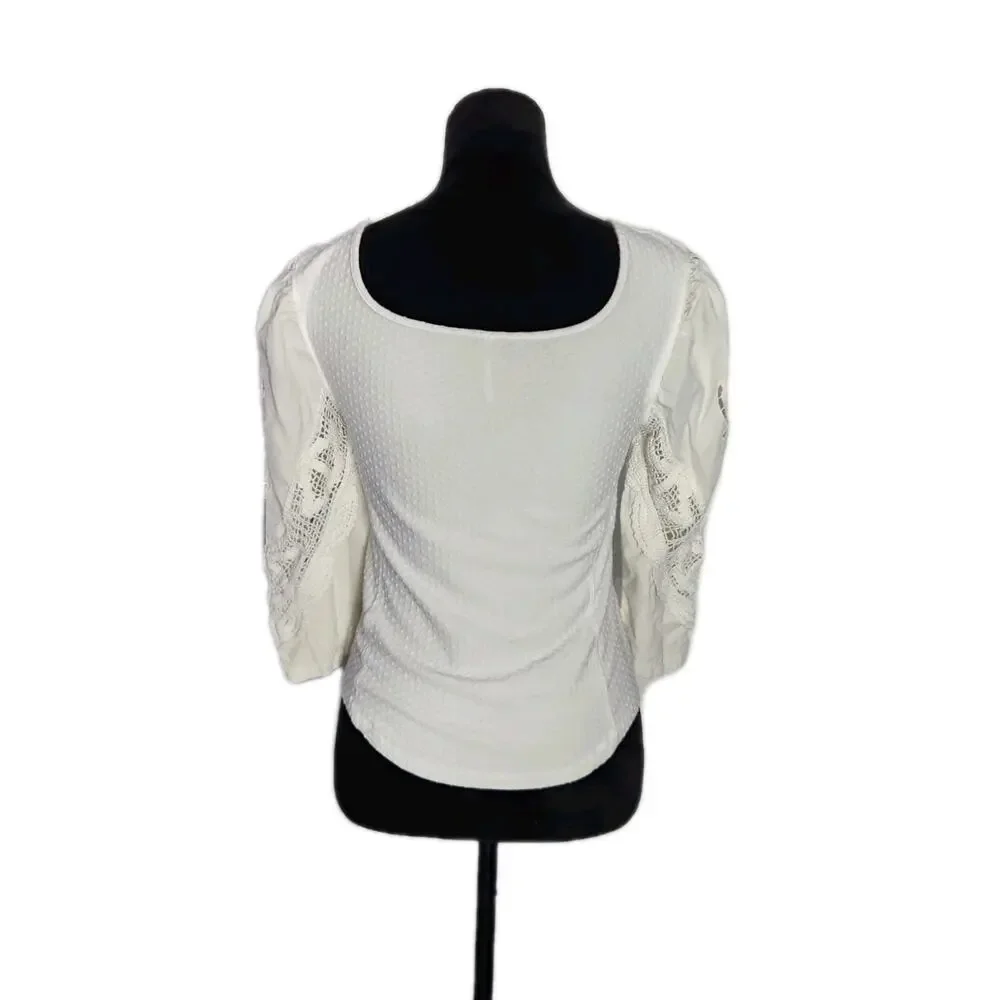 Free People Brunch Date Split Neck 3/4 Puffed Lace Sleeve Top Size Medium